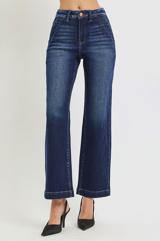 Risen Tummy Control High-Rise Ankle Straight-Leg Jeans - Dark Denim