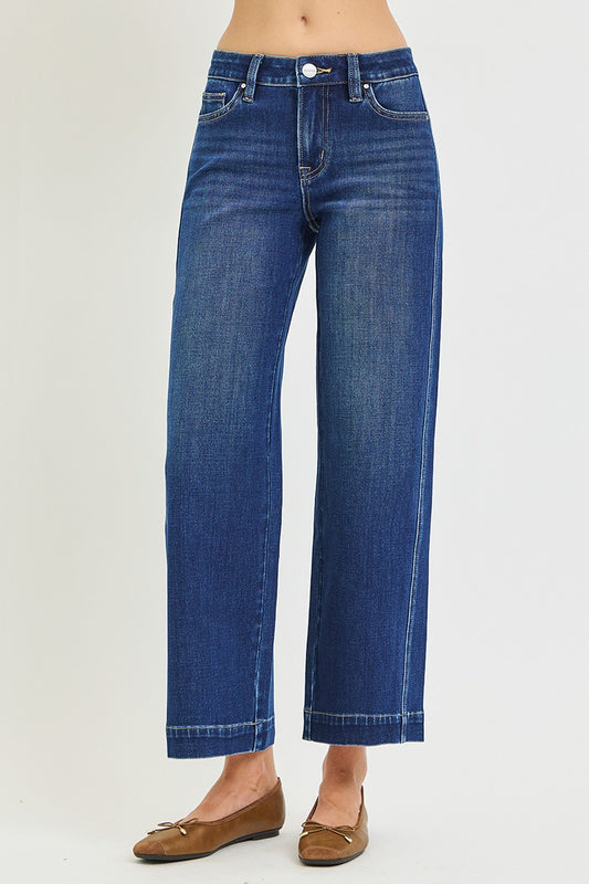 Risen Mid-Rise Ankle Wide-Leg Jeans - Dark Denim