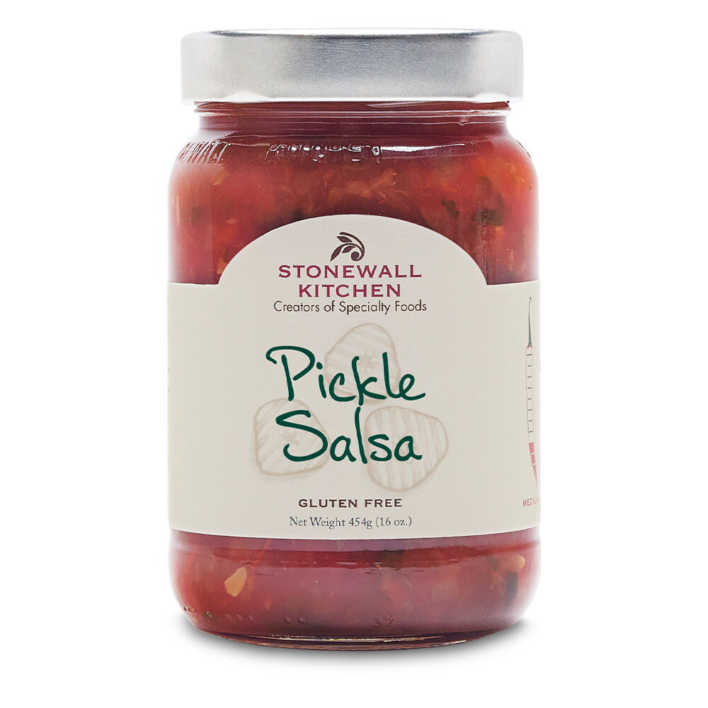 Jar of Stonewall Kitchen Pickle Salsa on a white background