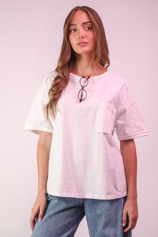 White Raw Seams Pocket Tee