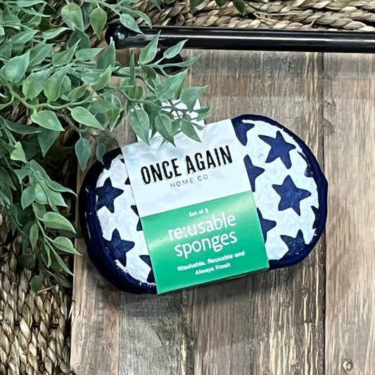 Reusable sponge set with star pattern on a wooden surface, featuring 'Once Again Home Co' branding.