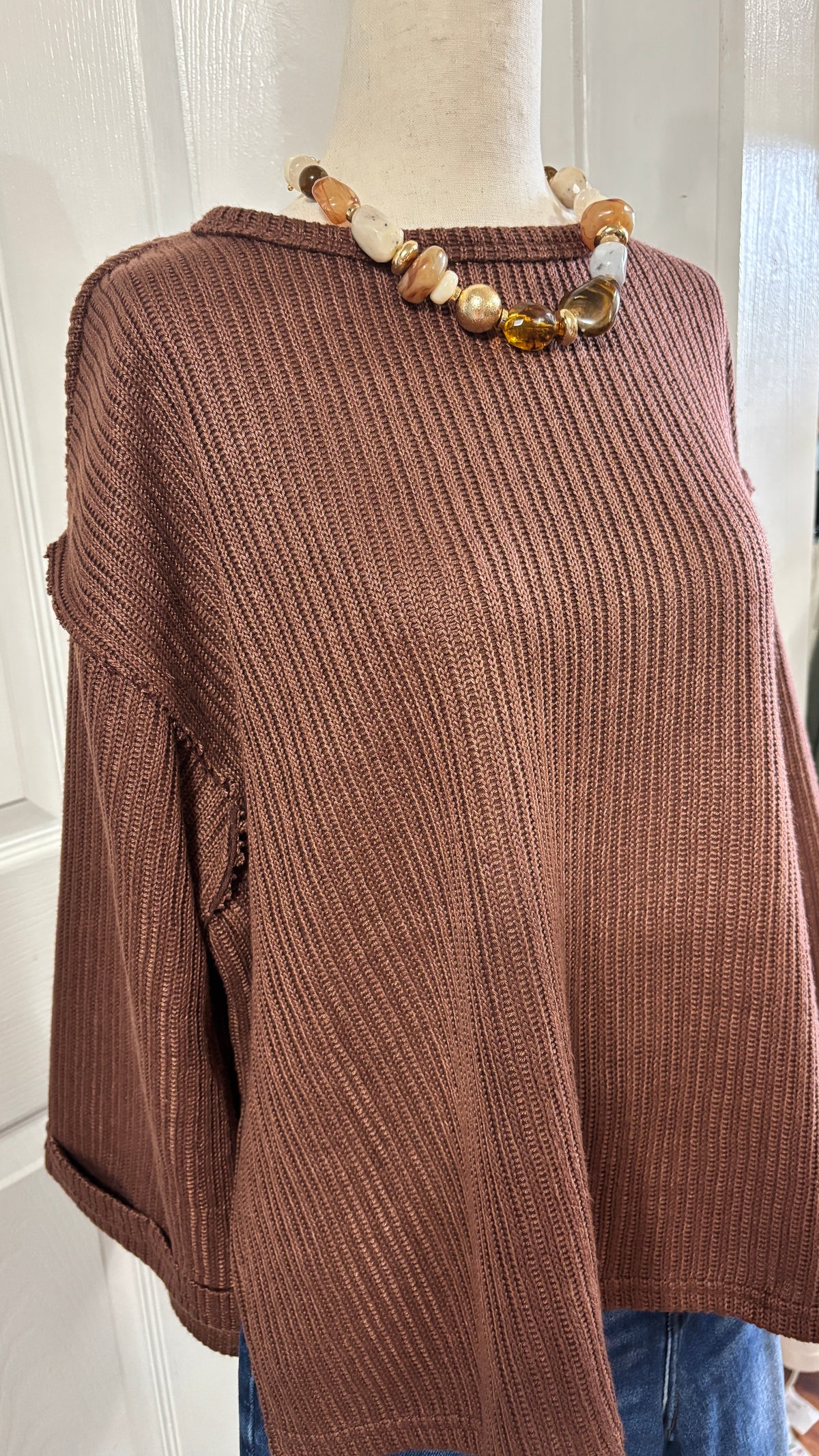 3/4 Folded Sleeve Knit Top