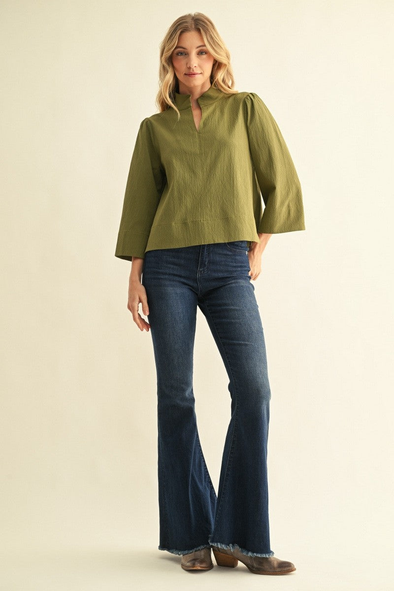 3/4 Sleeve Textured Mock V-Neck Blouse