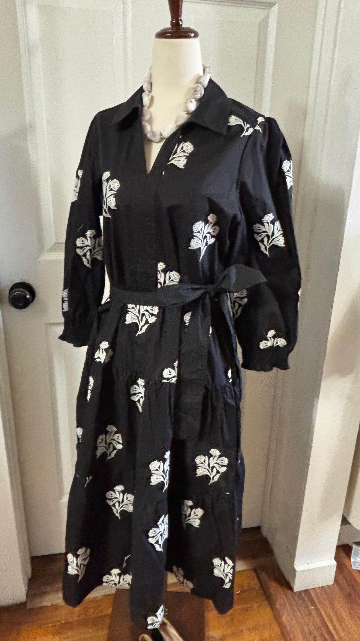Eleanor Black and White Floral Cotton Midi Dress with Tie Waist