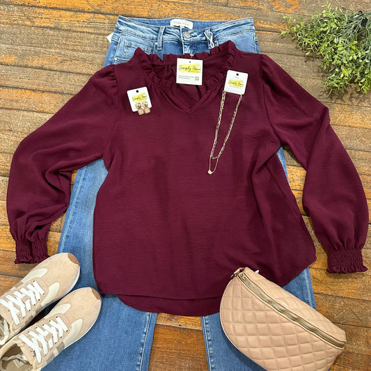 Ruffle Trim Notched Neck Blouse