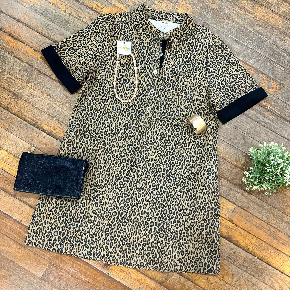 Leopard Print Button-Up Dress with Contrast Cuff Sleeves