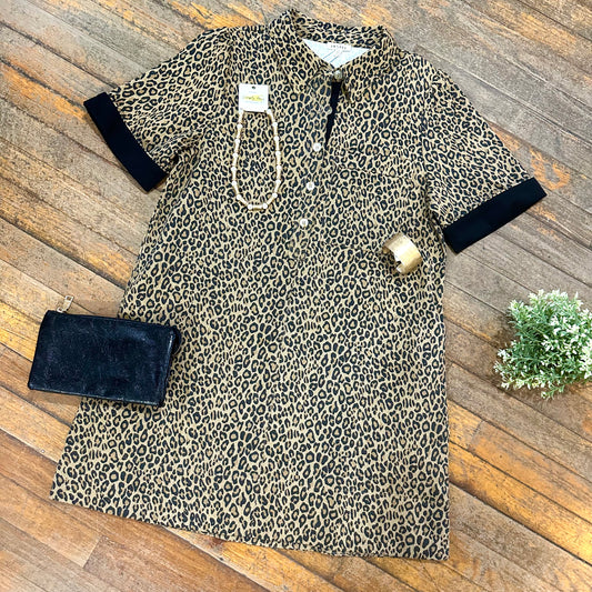 Leopard Print Button-Up Dress with Contrast Cuff Sleeves