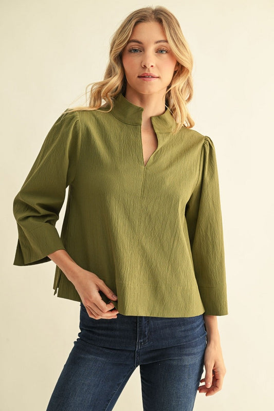 3/4 Sleeve Textured Mock V-Neck Blouse