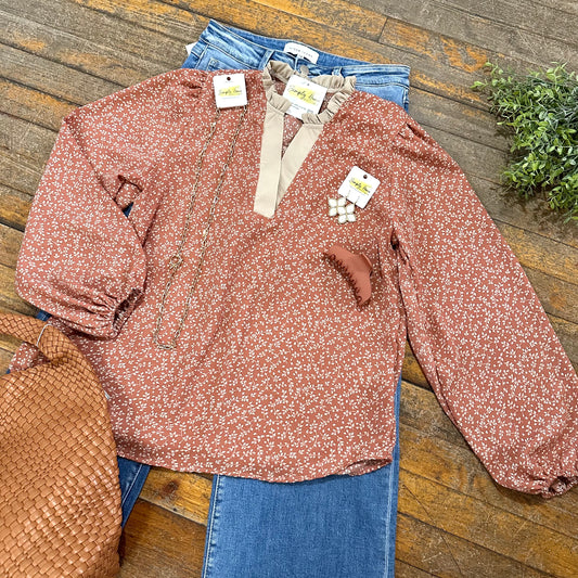 Contrast Band Floral Blouse