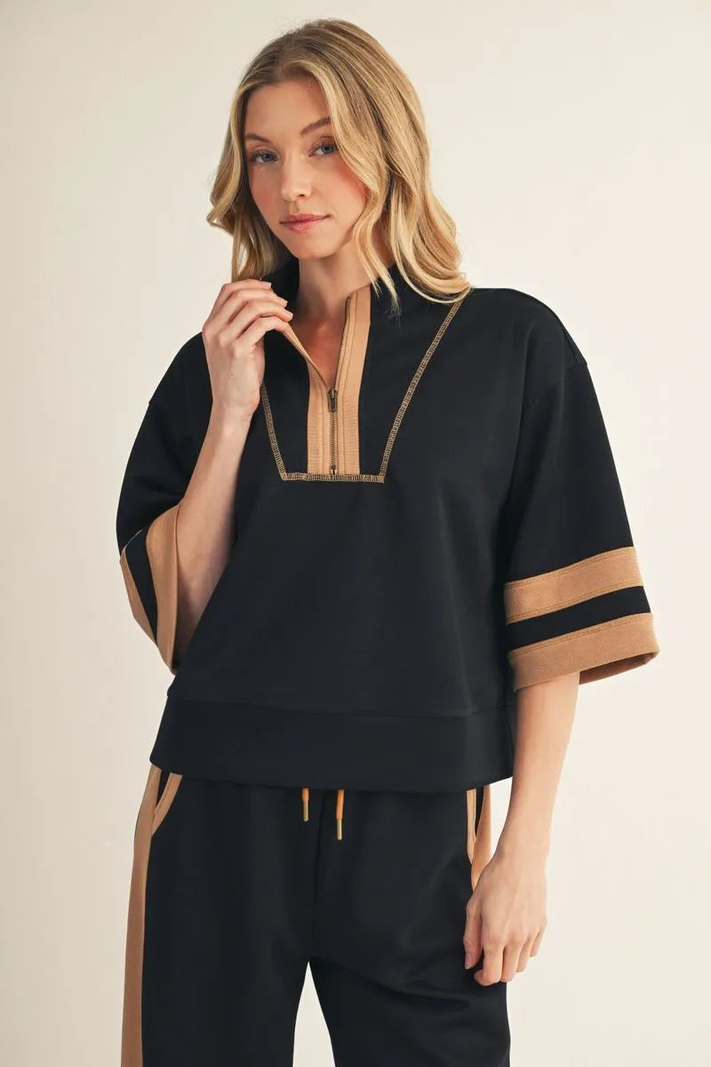 Black & Tan Color Block 3/4 Zip Sweatshirt