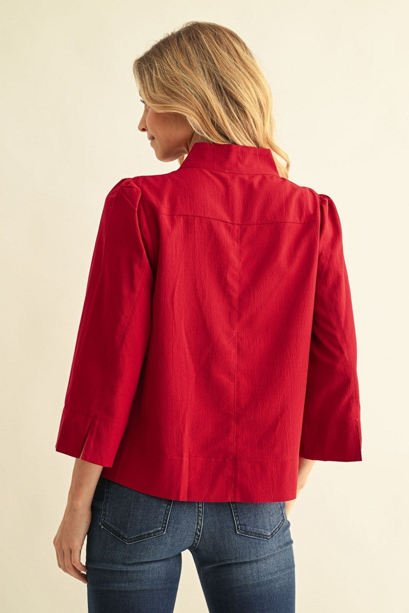 3/4 Sleeve Textured Mock V-Neck Blouse