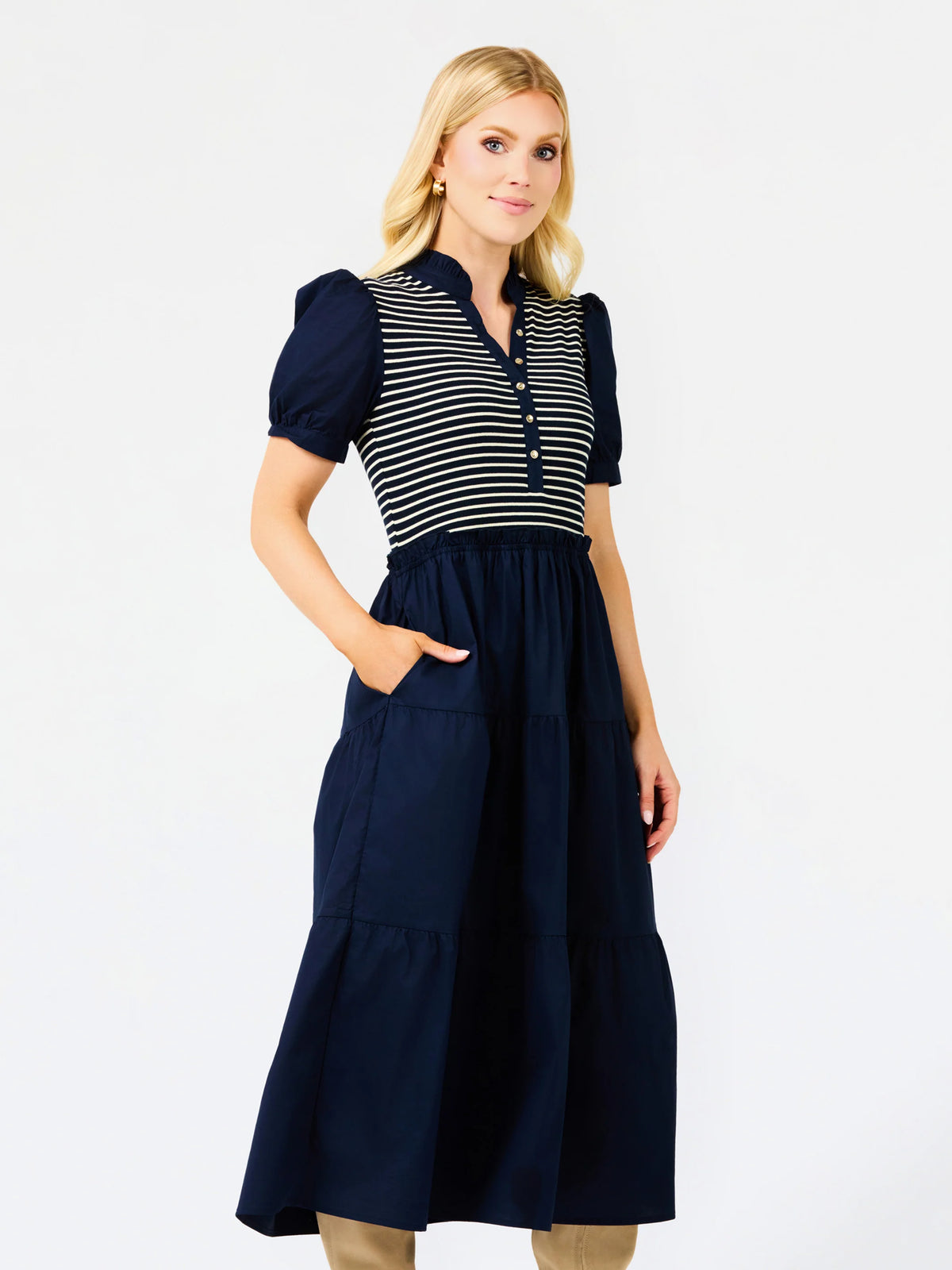 Navy Stripe Elastic Waist Puff Sleeve Midi Dress