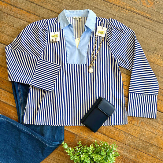 Blue Stripe Collared Top