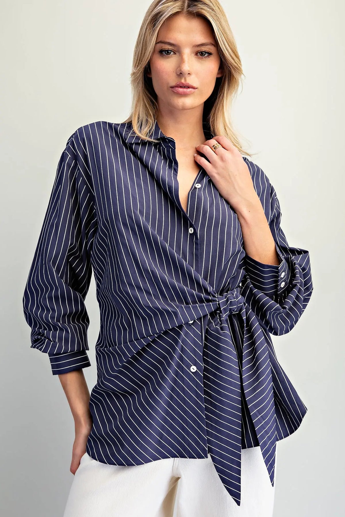 Long Sleeve Pinstripe Button-Down Shirt with Sash Tie