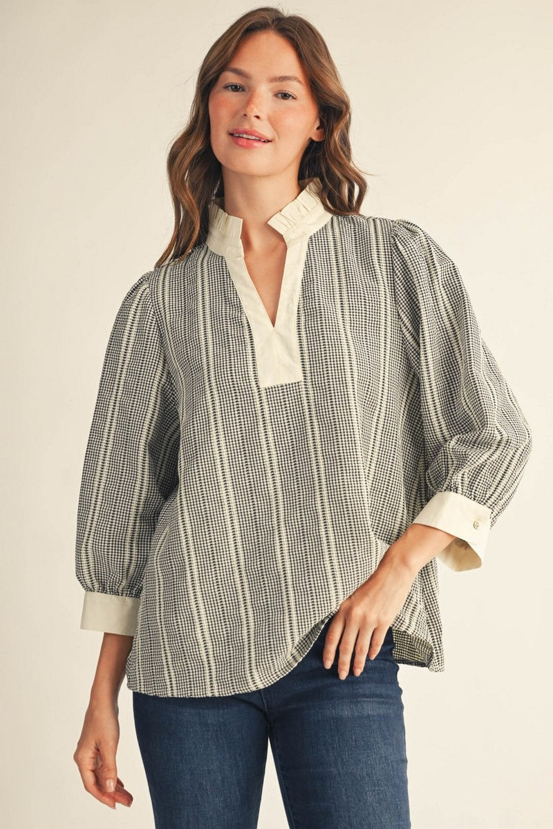 3/4 Puff Sleeve Gingham Top with Contrast Ruffle Neckline