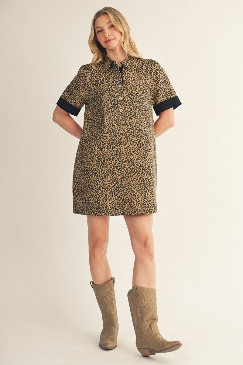 Leopard Print Button-Up Dress with Contrast Cuff Sleeves