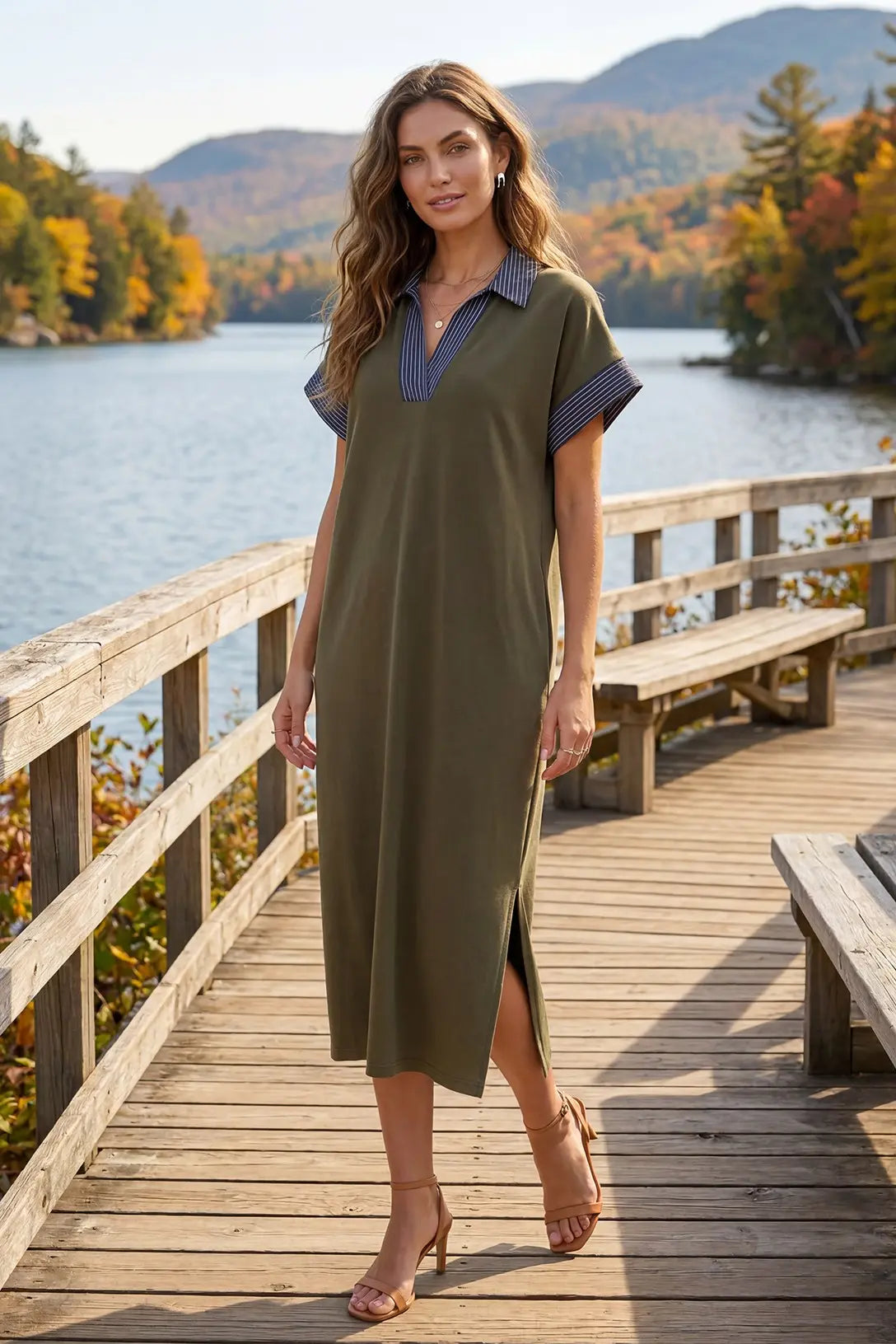 Contrast Collar Drop Shoulder Knit Midi