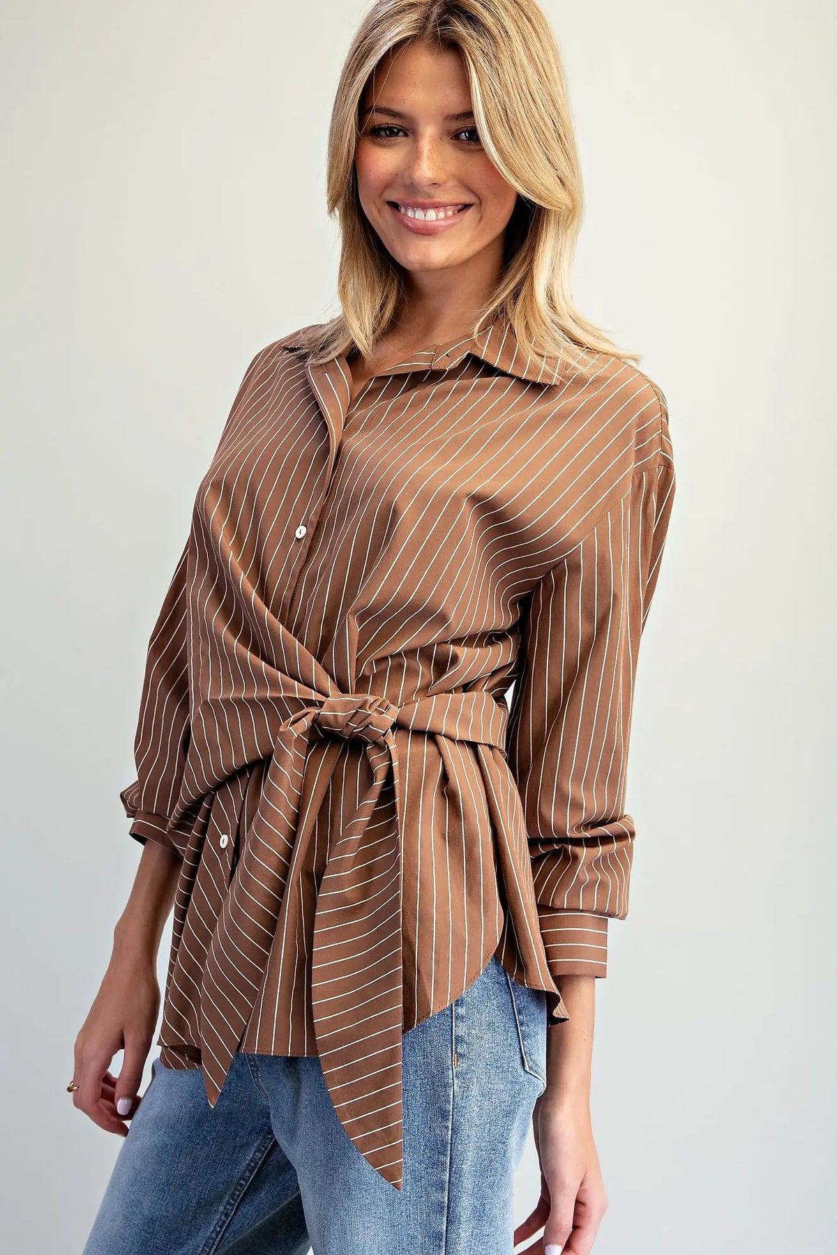 Long Sleeve Pinstripe Button-Down Shirt with Sash Tie