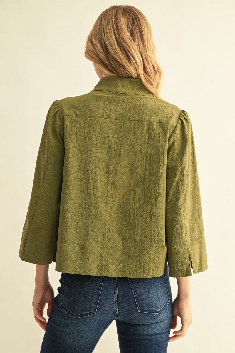 3/4 Sleeve Textured Mock V-Neck Blouse