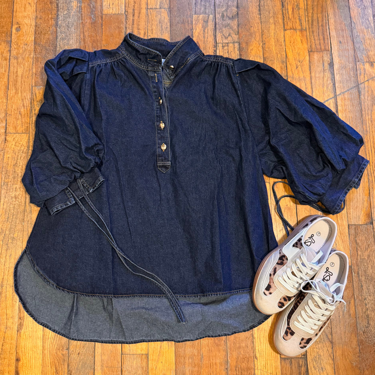 Dark Denim 3/4-Sleeve Puff-Sleeve Top - Button-Front Mock Collar