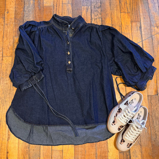 Dark Denim 3/4-Sleeve Puff-Sleeve Top - Button-Front Mock Collar