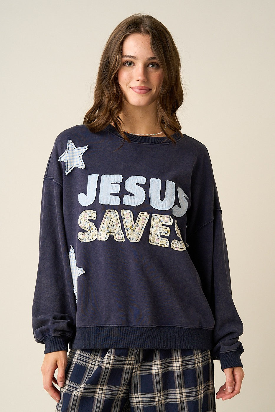 "Jesus Saves" Patchwork Graphic Sweatshirt