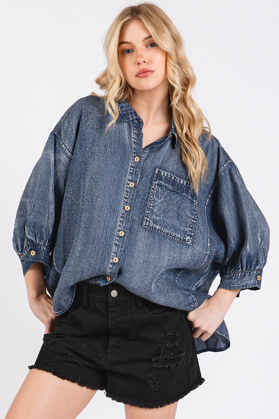 Dark Denim Chambray Button-Down Top