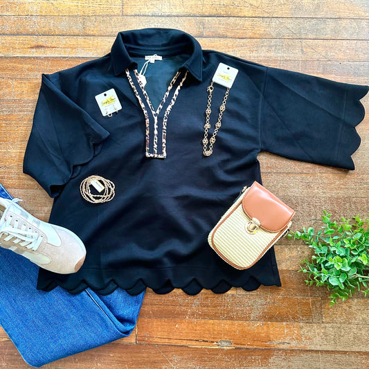 Scallop Leopard Trim Top