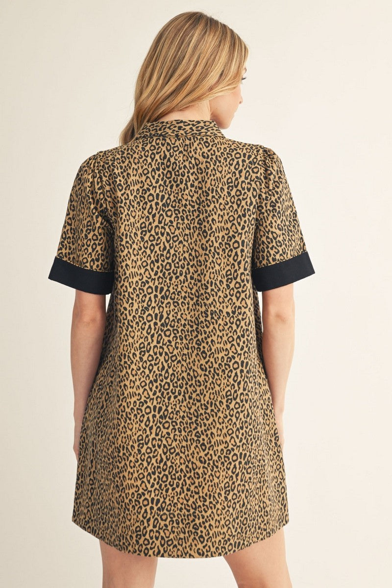 Leopard Print Button-Up Dress with Contrast Cuff Sleeves