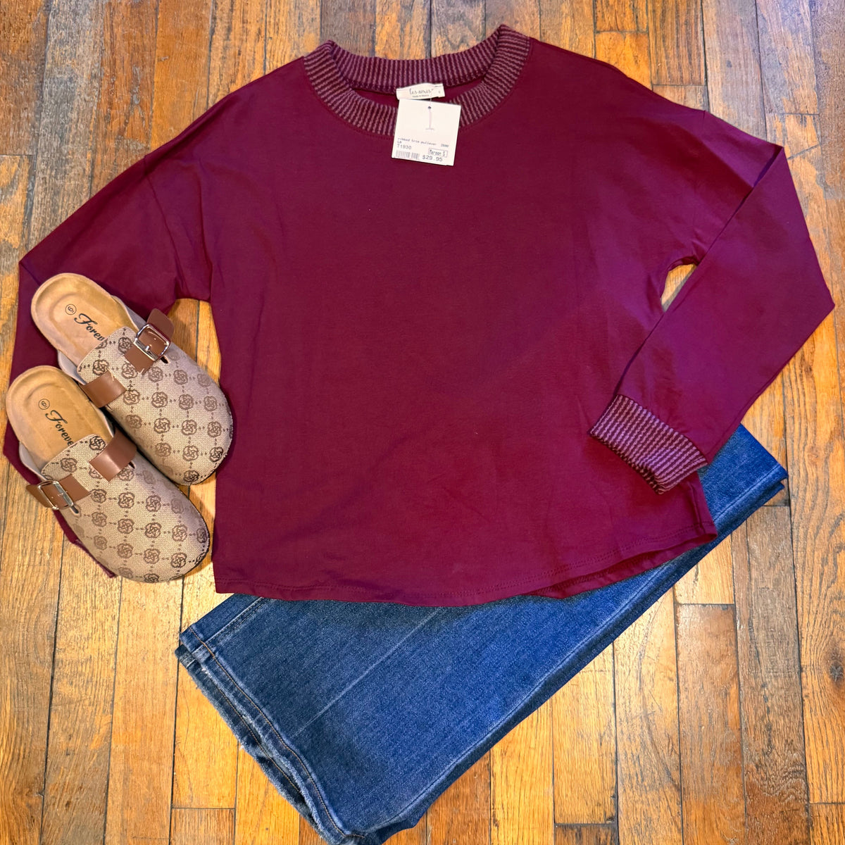 Ribbed-Trim Long-Sleeve Pullover Top