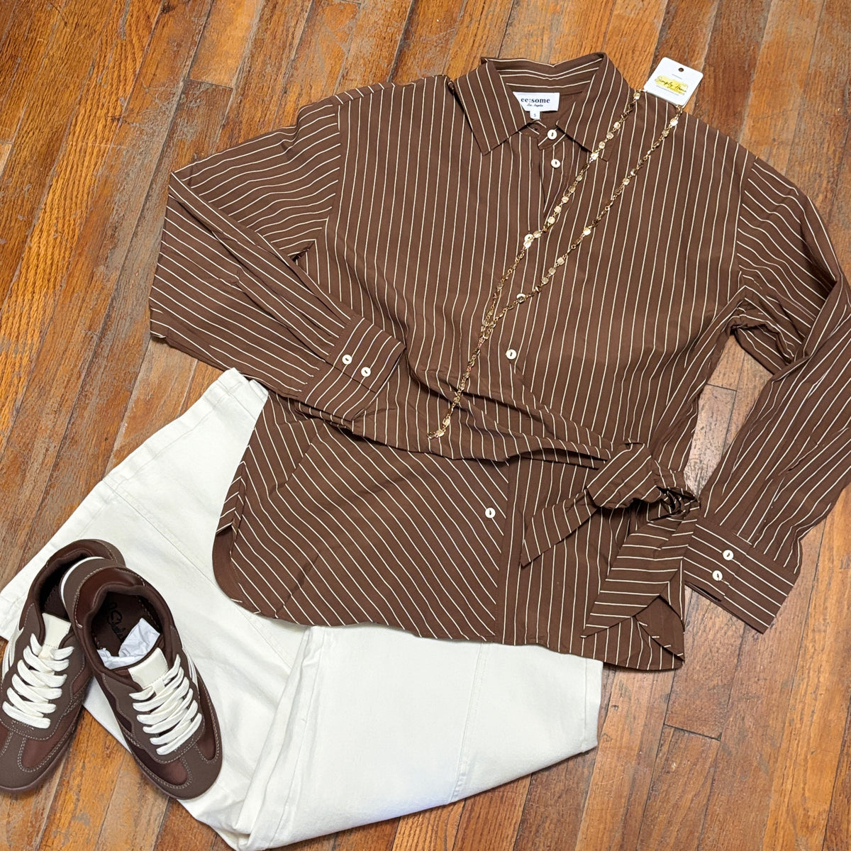 Long Sleeve Pinstripe Button-Down Shirt with Sash Tie