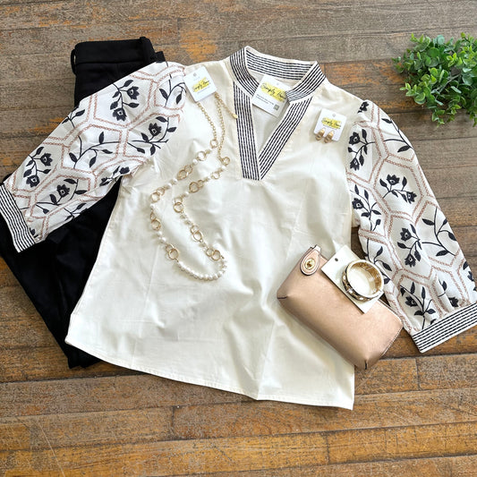 Floral Contrast Sleeve Blouse