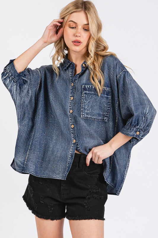 Dark Denim Chambray Button-Down Top