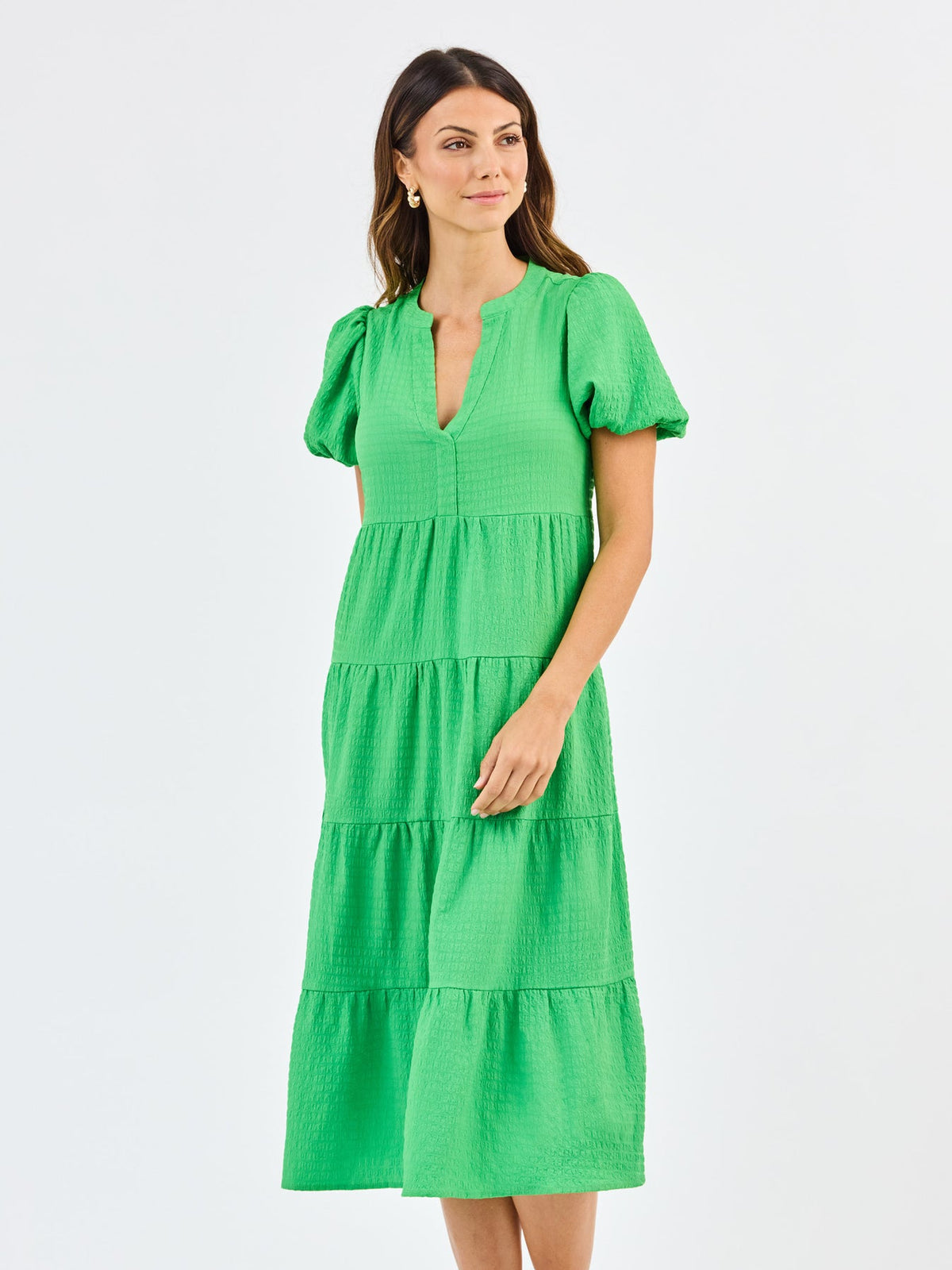 Tiered Seersucker Midi Dress with Bubble Sleeves