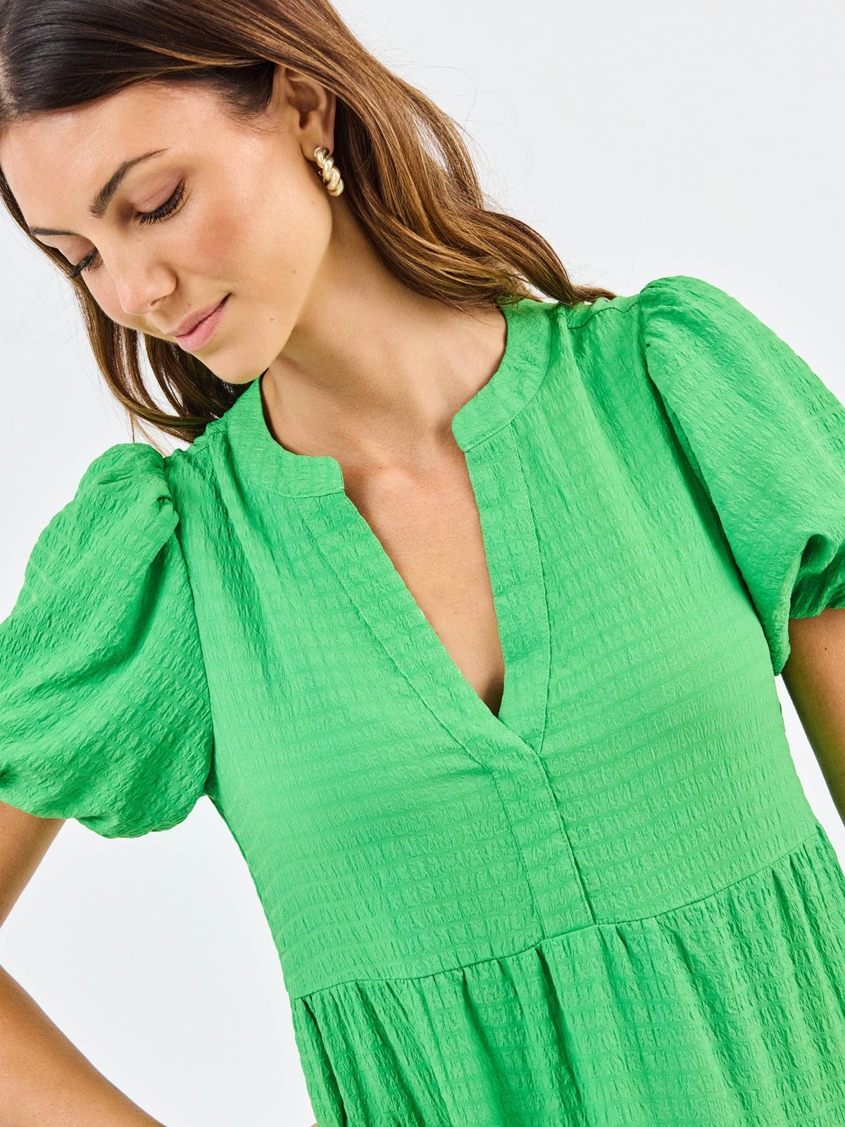 Tiered Seersucker Midi Dress with Bubble Sleeves
