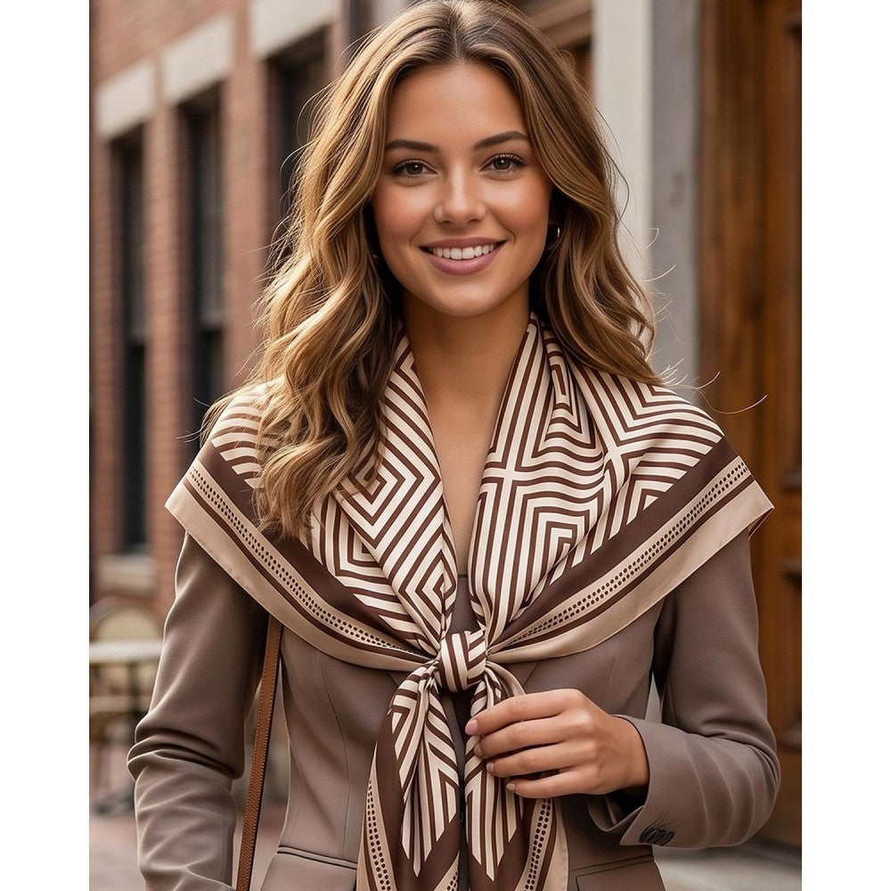 A woman wearing a taupe brown blazer and a large patterned scarf in brown and beige, standing outdoors in front of a brick building.