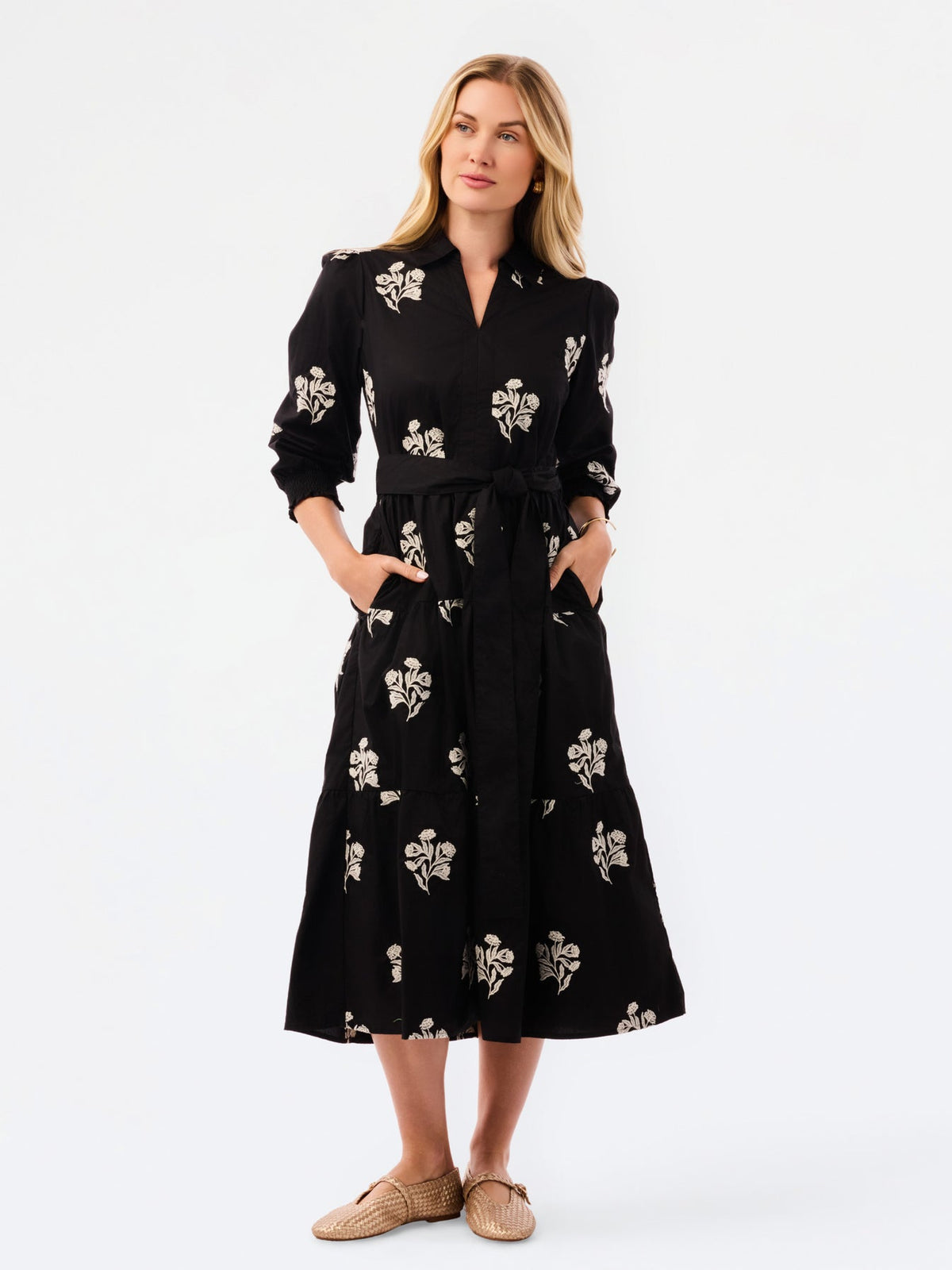 Eleanor Black and White Floral Cotton Midi Dress with Tie Waist