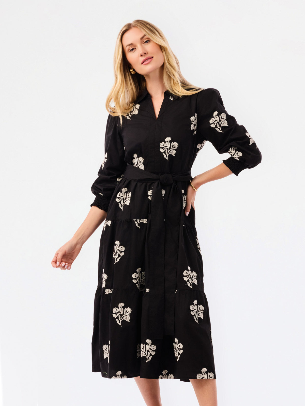 Eleanor Black and White Floral Cotton Midi Dress with Tie Waist