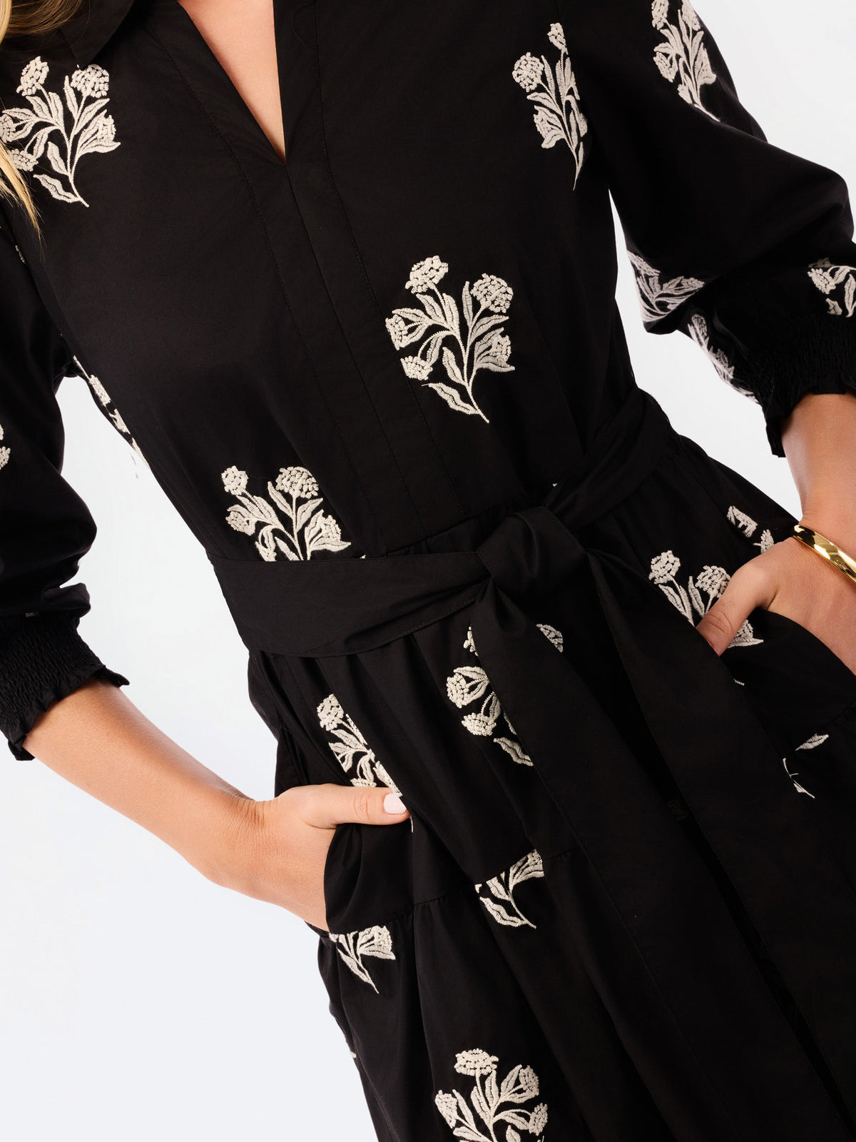 Eleanor Black and White Floral Cotton Midi Dress with Tie Waist