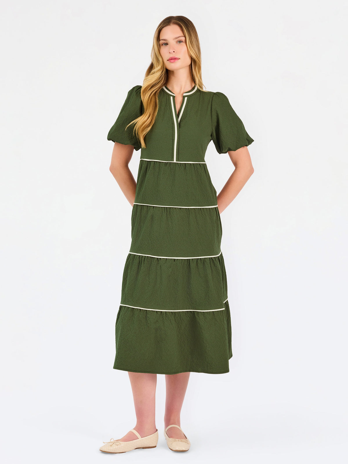 Tiered Seersucker Midi Dress with Bubble Sleeves