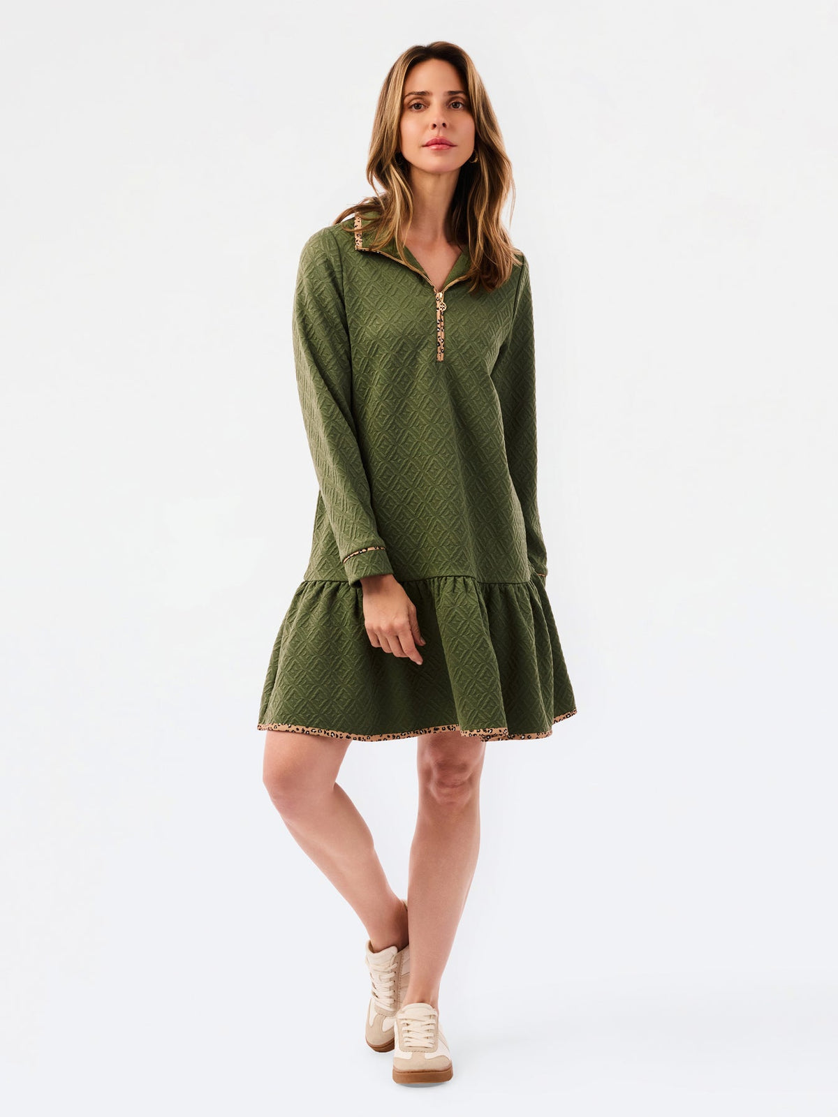 Olive Quilted Dress with Leopard Accent