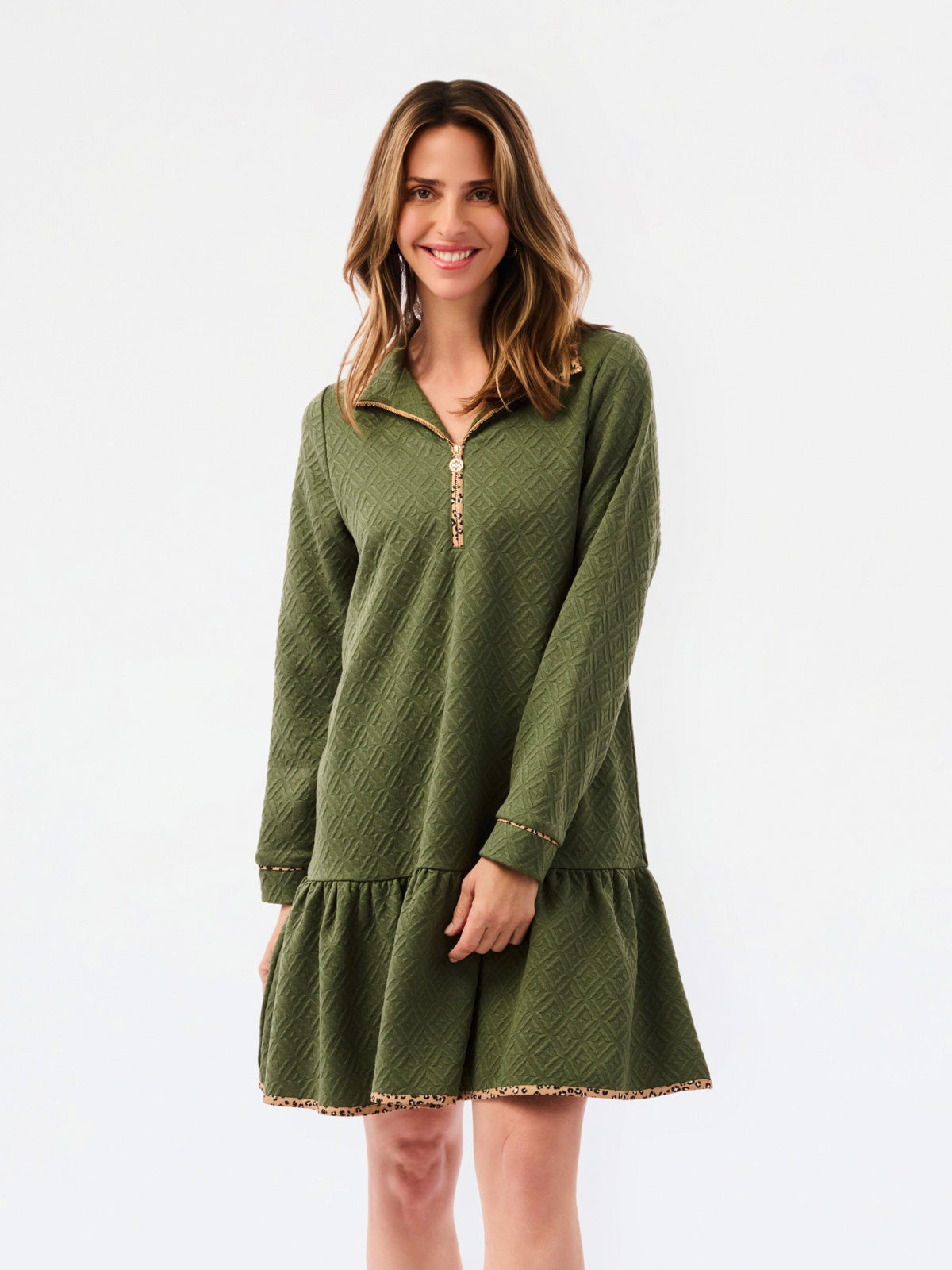 Olive Quilted Dress with Leopard Accent
