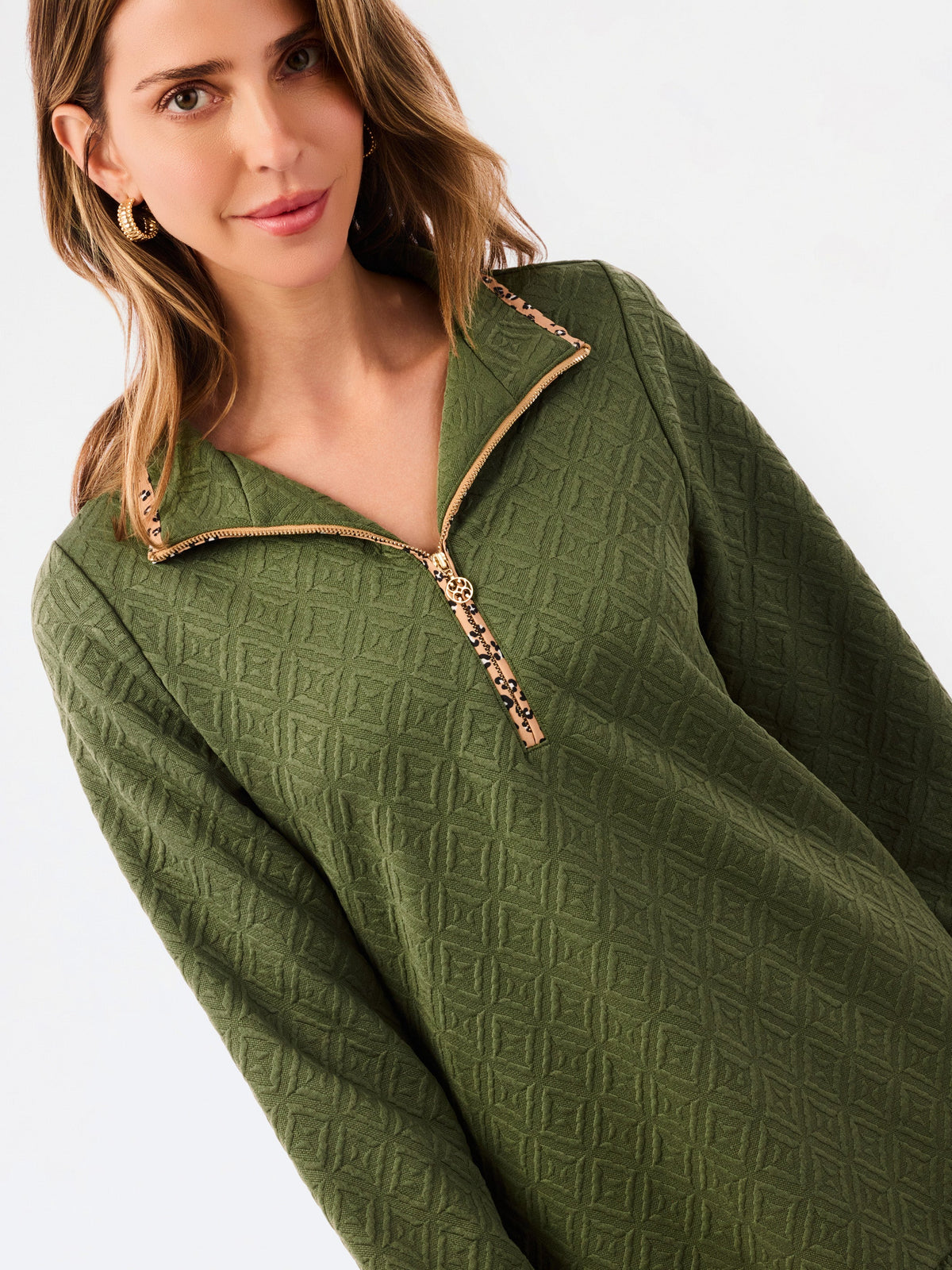 Olive Quilted Dress with Leopard Accent