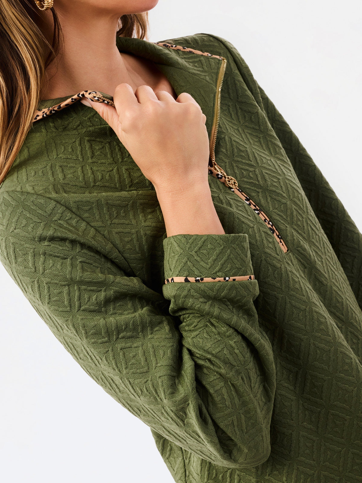 Olive Quilted Dress with Leopard Accent