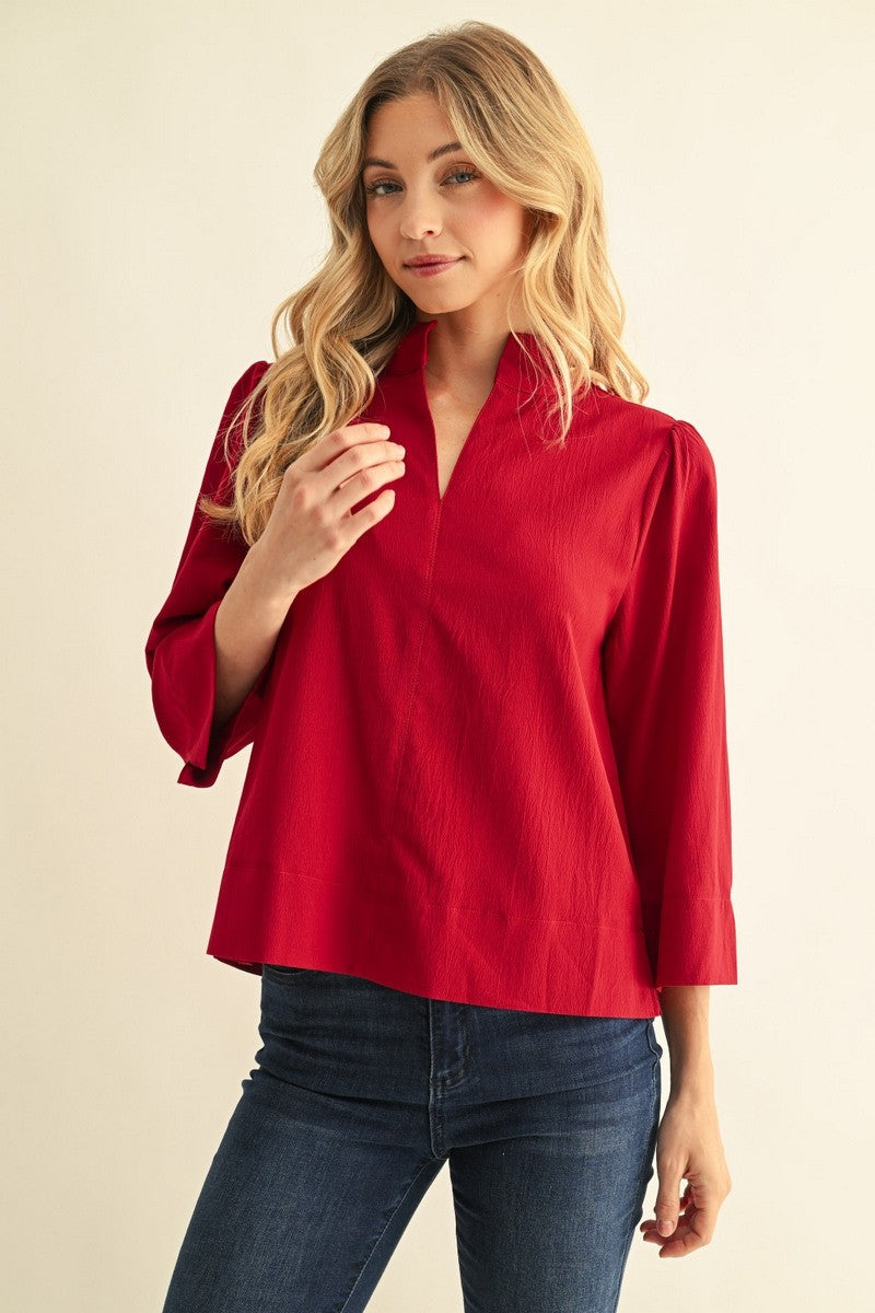3/4 Sleeve Textured Mock V-Neck Blouse