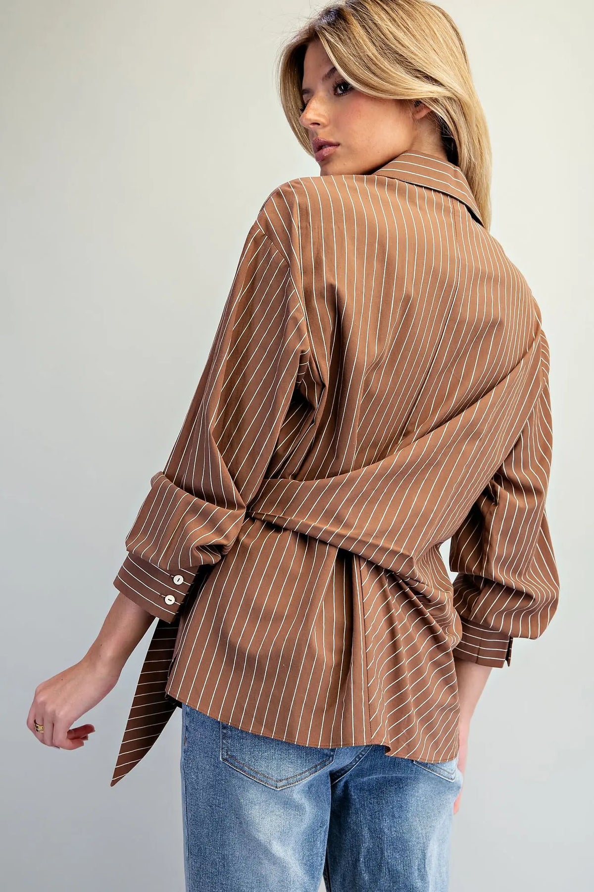 Long Sleeve Pinstripe Button-Down Shirt with Sash Tie