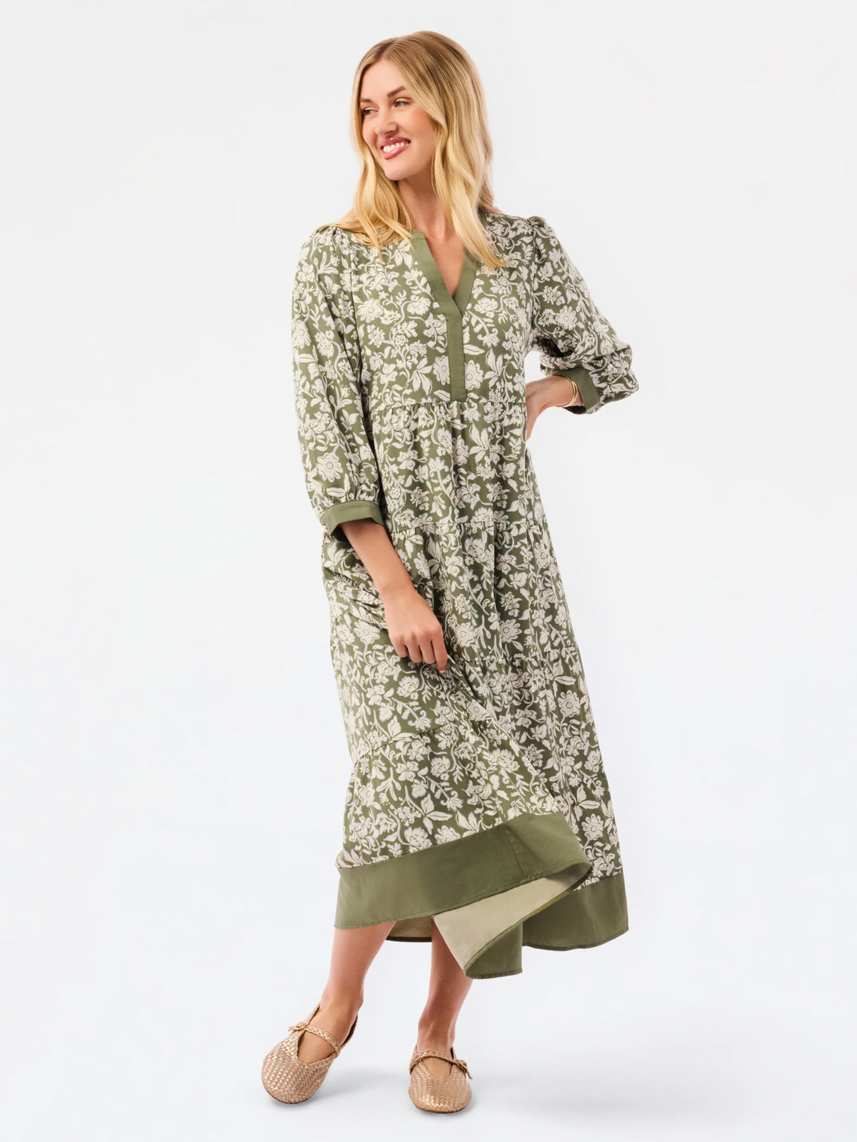 Green Ivory Floral Midi Dress