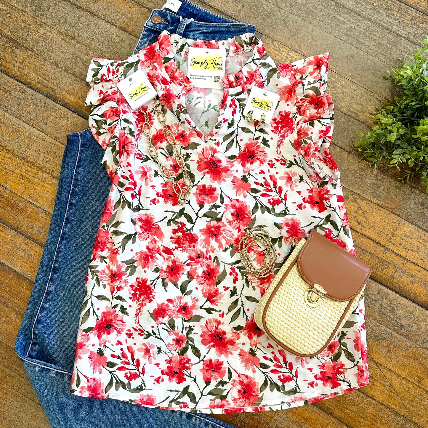 Red Floral Ruffle Top