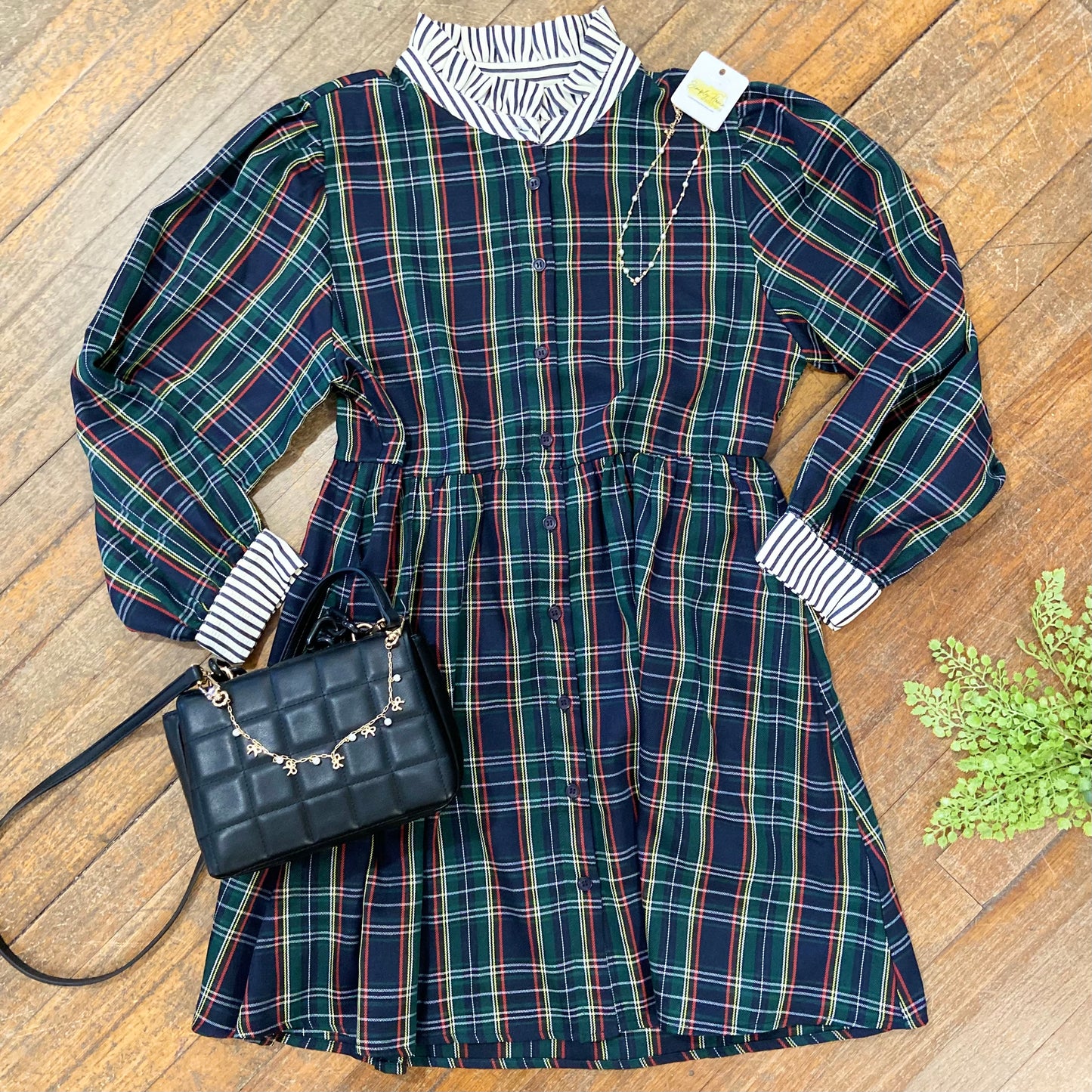 Festive Plaid Stripe Collar Dress