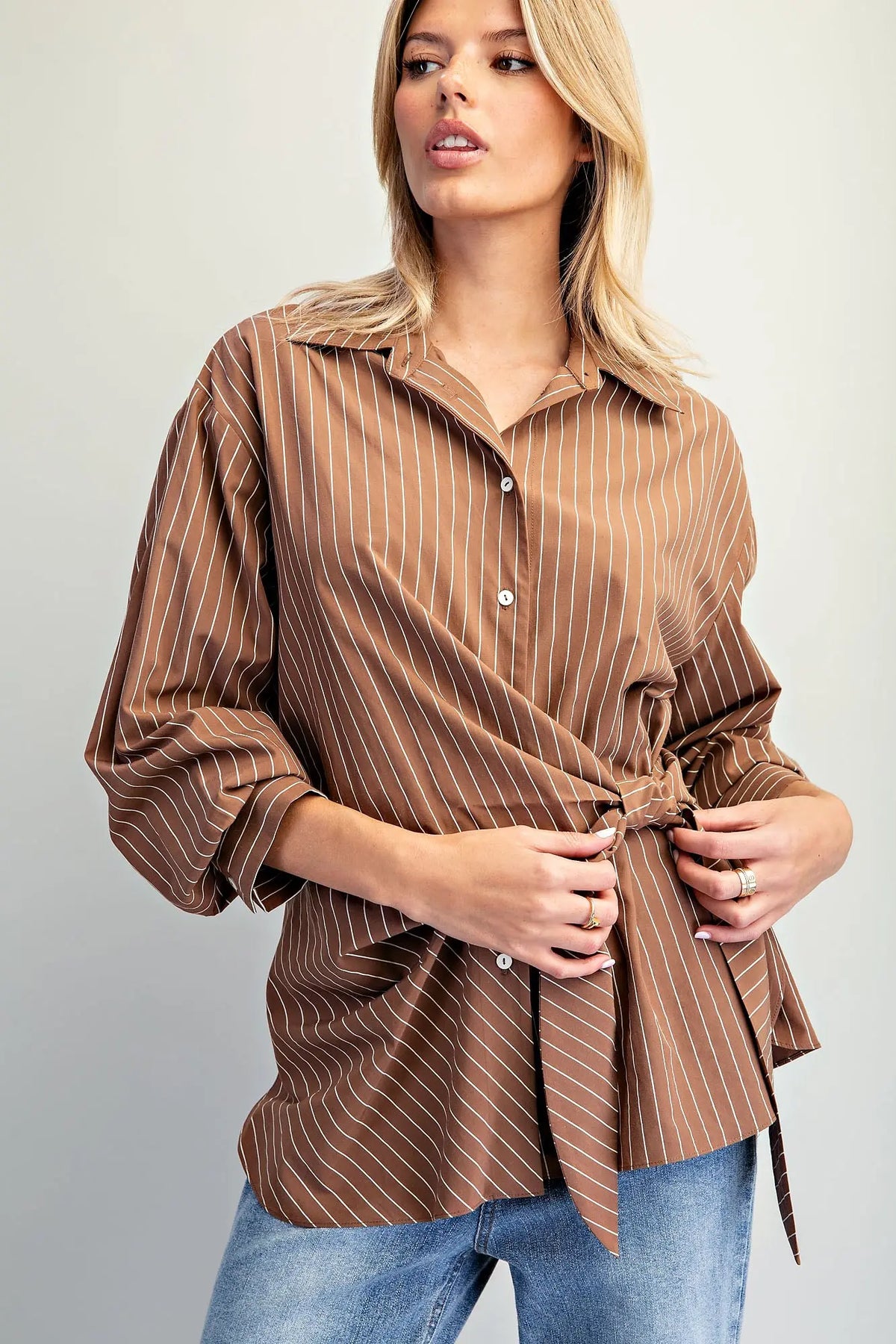 Long Sleeve Pinstripe Button-Down Shirt with Sash Tie